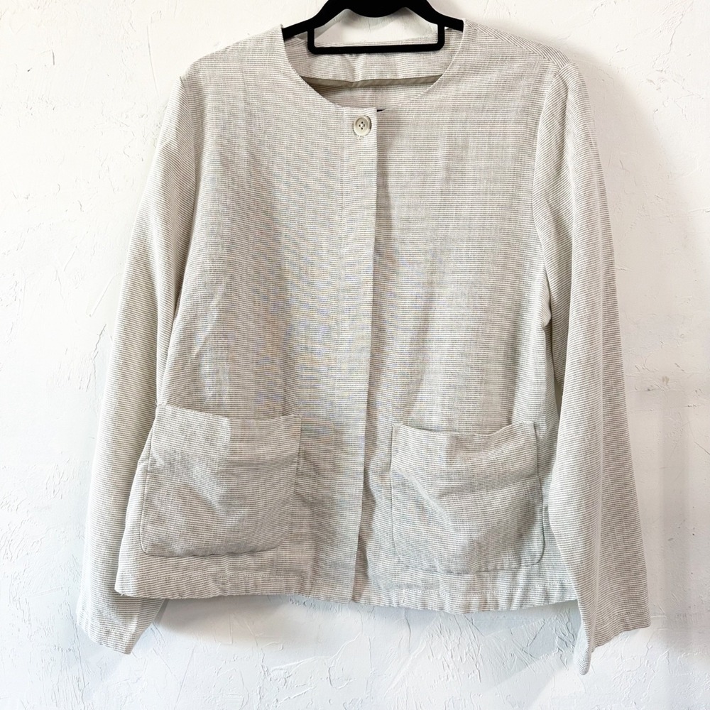 Rohan Malay Linen Jacket Beigh Button Down Pockets Women's Size 16 Minimalist